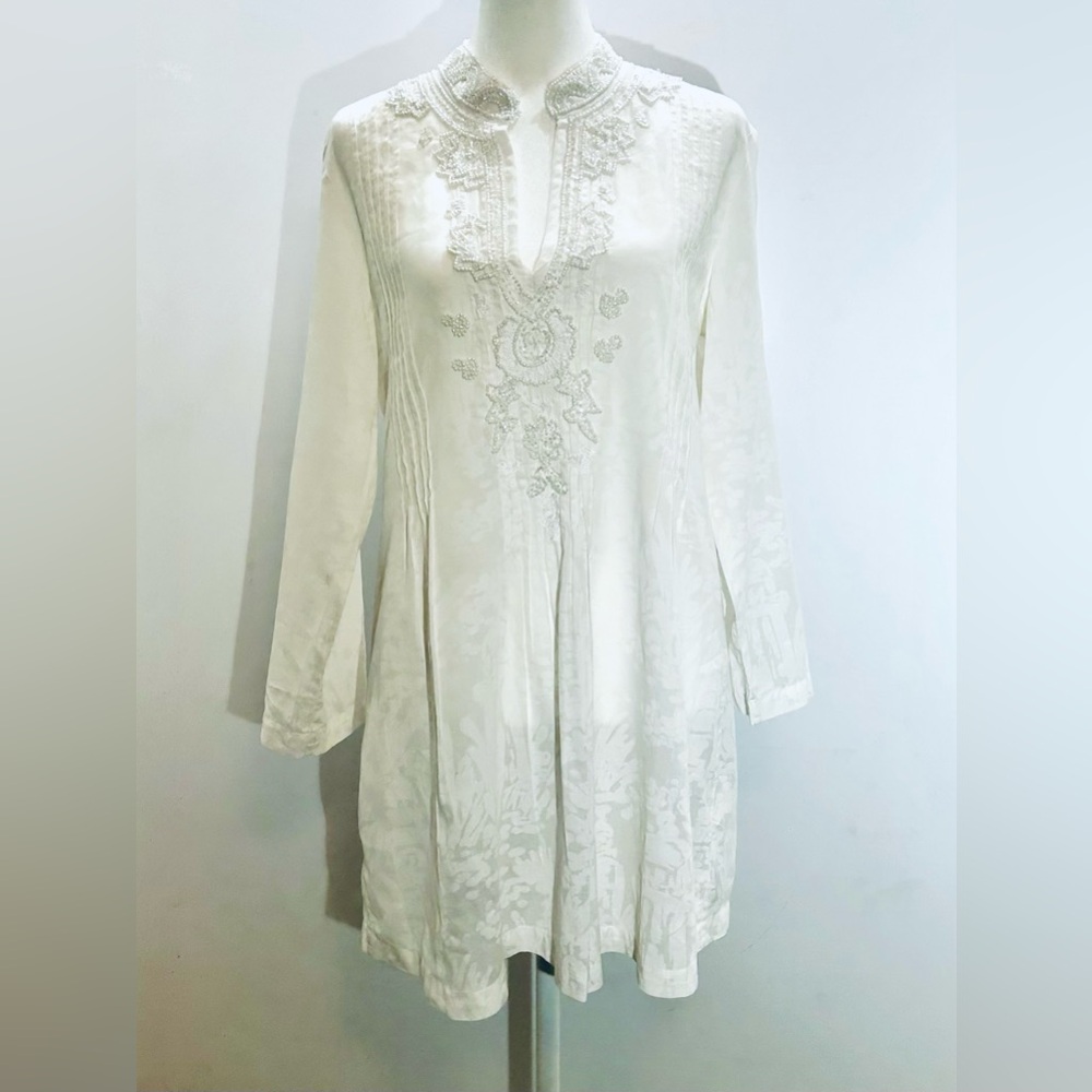 Lilly Pulitzer White Sz M Beaded Sequined Pleated Tunic Dress Long Sleeve EUC